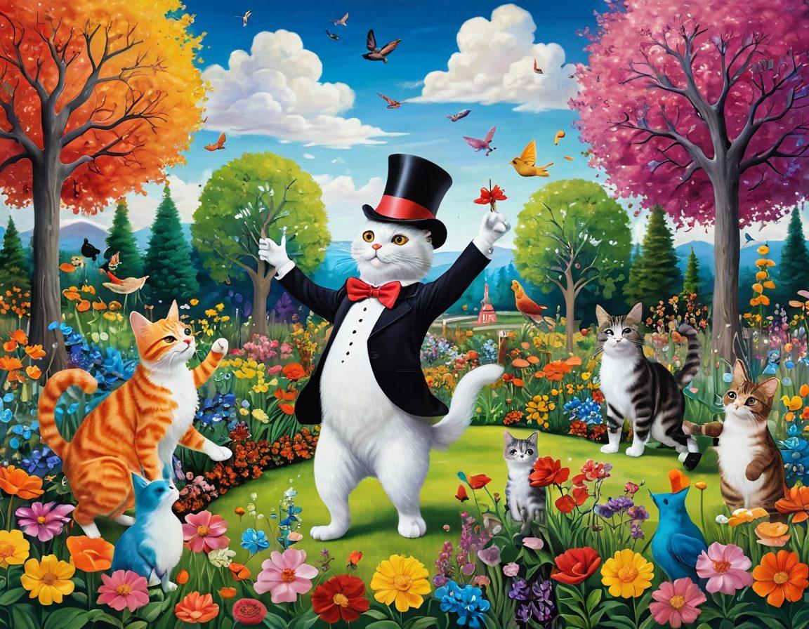 A whimsical scene depicting a colorful garden filled with playful characters embracing their quirks, like a dancing cat wearing a top hat and a bird playing a tiny trumpet. Surrounding them are exaggeratedly vibrant flowers and surreal trees, all under a bright, cheerful sky. The characters are engaging in joyful activities that reflect a carefree attitude towards life, inviting viewers to celebrate their own eccentricities. super-realistic. vibrant colors. cheerful style.