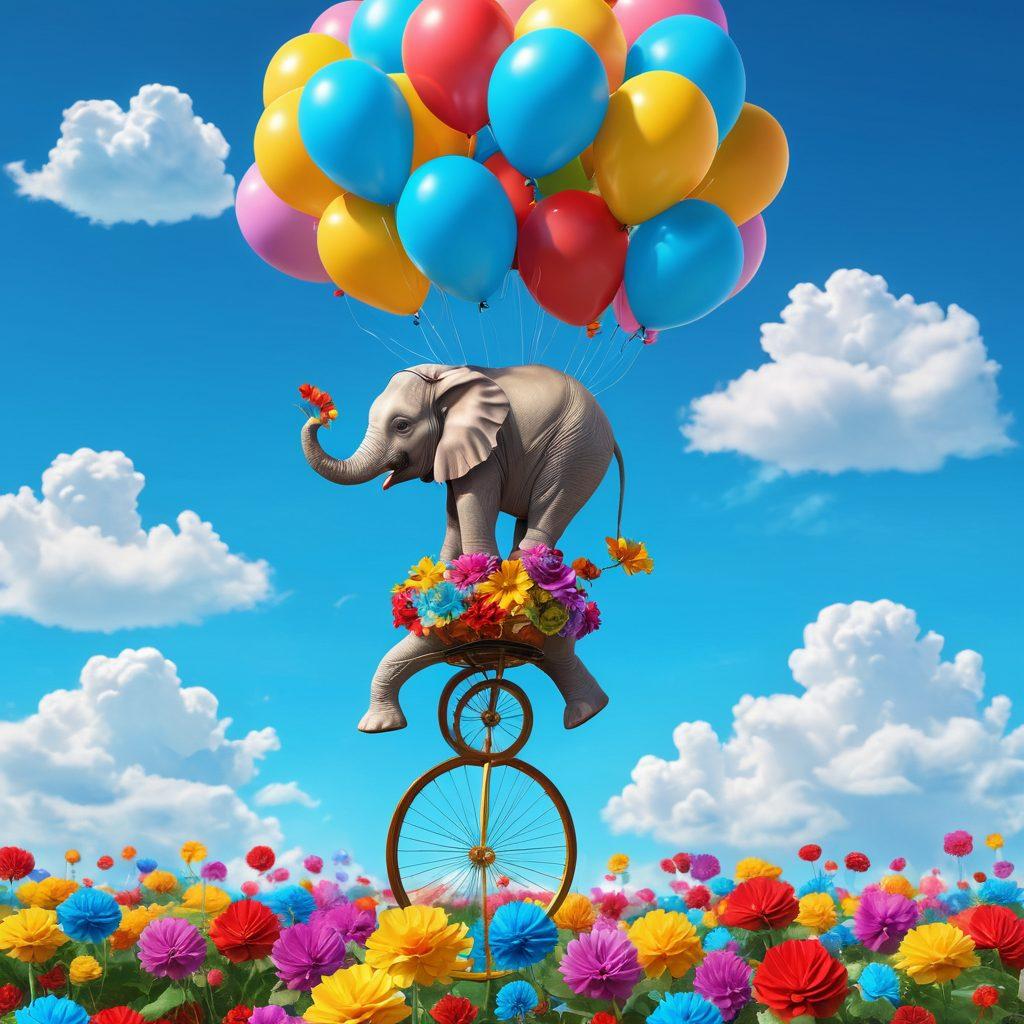 A whimsical scene featuring a colorful teacup elephant balancing on a unicycle amidst floating balloons and oversized flowers, under a bright blue sky adorned with quirky clouds; the atmosphere radiates joy and playfulness, capturing the essence of life's absurdities. vibrant colors. 3D. cartoon style.