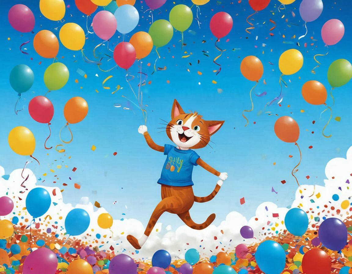 A whimsical scene of a cartoonish character laughing amid colorful confetti and floating balloons, surrounded by unexpected, silly objects like a dancing cat and oversized fruit. The background features a bright blue sky with fluffy white clouds, symbolizing joy and light-heartedness. Include a playful font that reads 'Silly Moments Matter' in a vibrant color. vibrant colors. cartoon style.